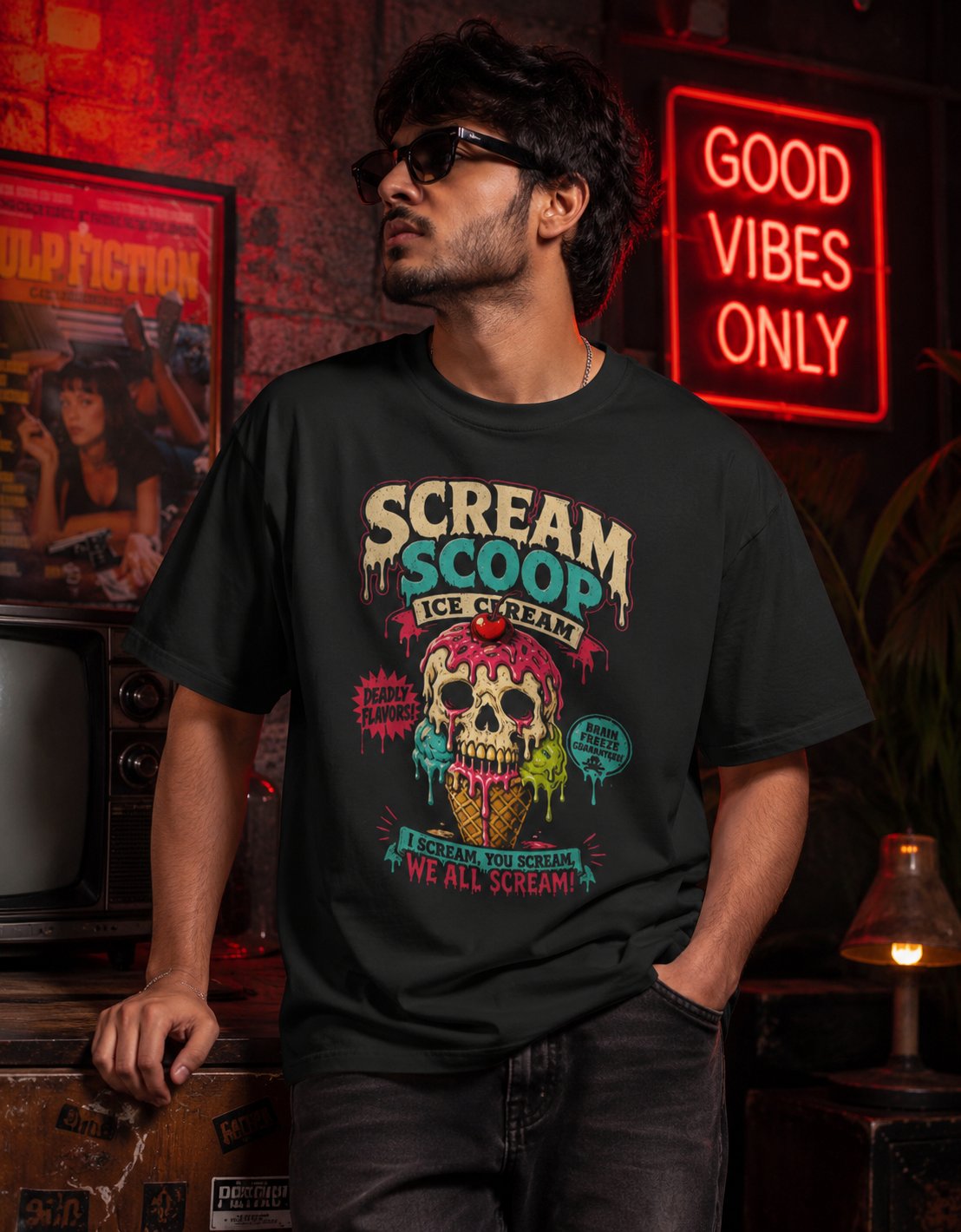 Scream Scoop Skull Graphic Oversized T-Shirt for Men | Black Streetwear Oversized Classic T-Shirt