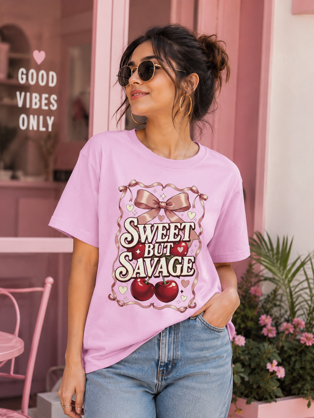 Sweet But Savage Shirt, Coquette Bow Cherry Tee, Cute Girly Graphic Oversized Standard T-Shirt