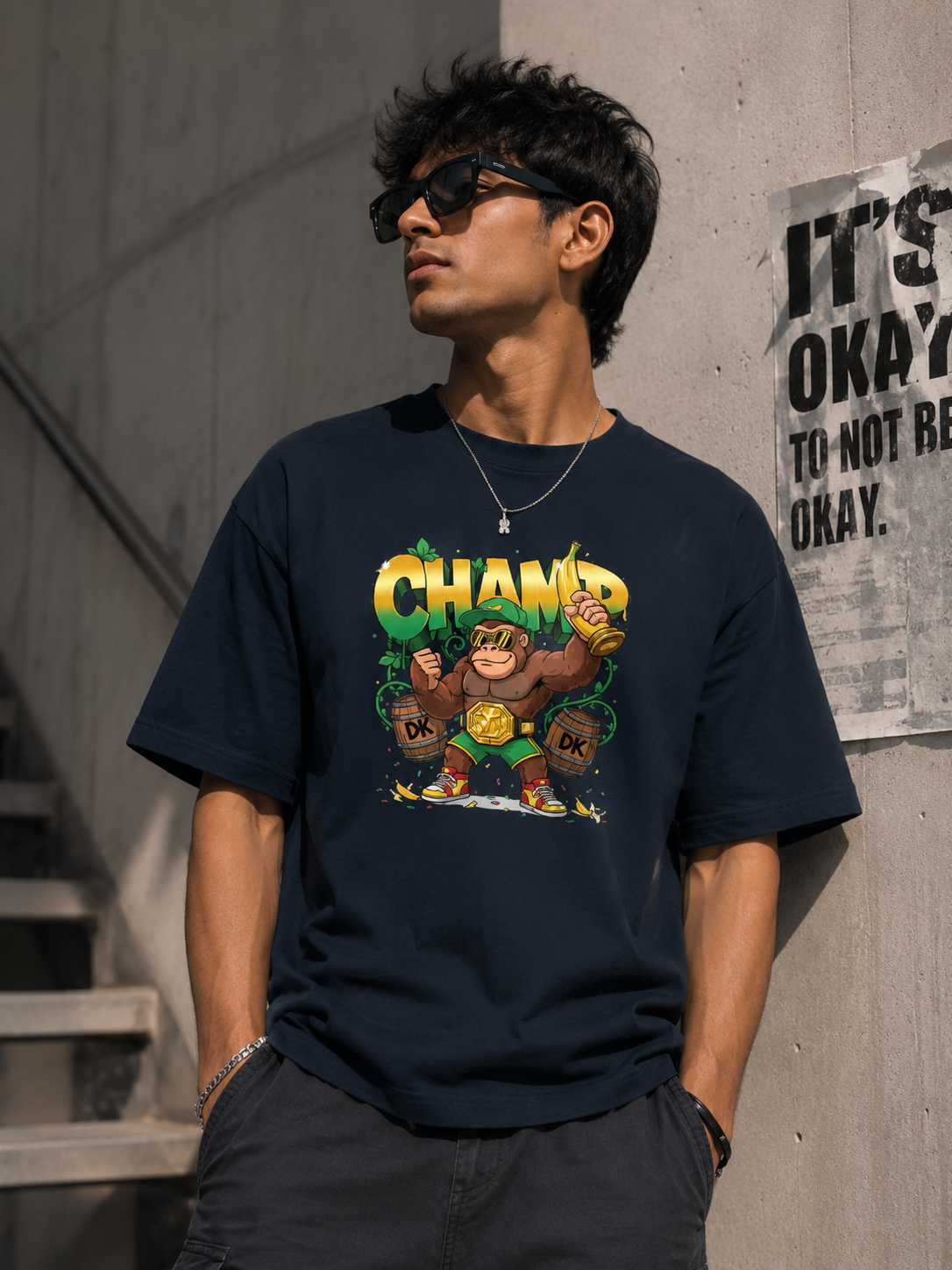 Monkey Champ Graphic Print Oversized Men's Stretch  T-Shirt
