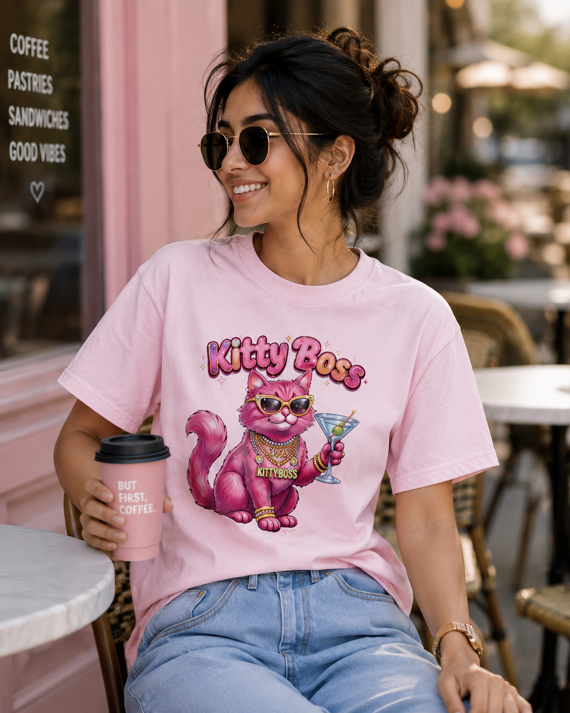 Kitty Boss T-Shirt | Pink Cat Graphic Tee, Funny Sassy Streetwear Unisex Stretch T-shirt